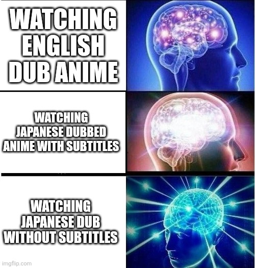 Its ok if you don't watch Japanese sub | WATCHING ENGLISH DUB ANIME; WATCHING JAPANESE DUBBED ANIME WITH SUBTITLES; WATCHING JAPANESE DUB WITHOUT SUBTITLES | image tagged in expanding brain 3 panels,anime,anime meme | made w/ Imgflip meme maker