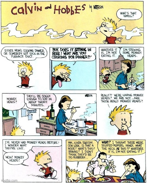 One man’s stewed monkey heads are another man’s yucky mush… | image tagged in calvin and hobbes,comics,dinner time,monkey heads | made w/ Imgflip meme maker