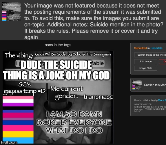 please accept this, the suicide thing is a total joke :3 also sans of topic | DUDE THE SUICIDE THING IS A JOKE OH MY GOD | made w/ Imgflip meme maker