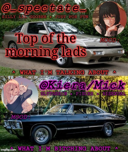 I'm on school rn | Top of the morning lads | image tagged in km spectate shared temp | made w/ Imgflip meme maker