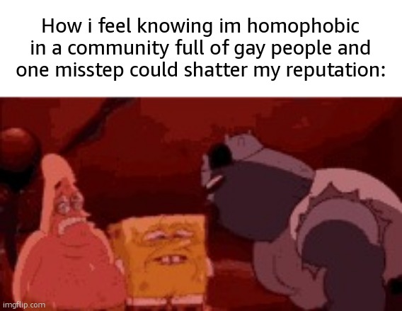 sweating spongebob | How i feel knowing im homophobic in a community full of gay people and one misstep could shatter my reputation: | image tagged in sweating spongebob | made w/ Imgflip meme maker