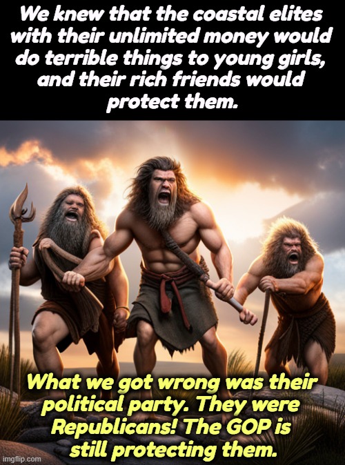 We knew that the coastal elites 
with their unlimited money would 
do terrible things to young girls, 
and their rich friends would 
protect them. What we got wrong was their 
political party. They were 
Republicans! The GOP is 
still protecting them. | image tagged in rich,elite,wall street,perverts,qanon,republicans | made w/ Imgflip meme maker
