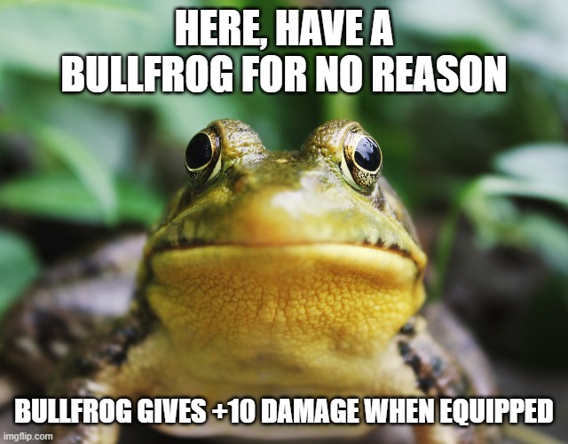 froggerson | HERE, HAVE A BULLFROG FOR NO REASON; BULLFROG GIVES +10 DAMAGE WHEN EQUIPPED | image tagged in frog,meme,rpg | made w/ Imgflip meme maker