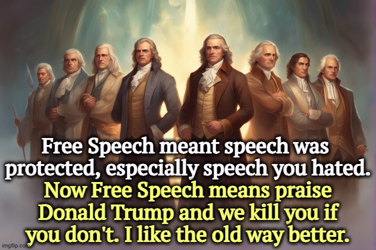 Free Speech meant speech was 
protected, especially speech you hated. Now Free Speech means praise Donald Trump and we kill you if you don't. I like the old way better. | image tagged in first amendment,free speech,protection,trump,sissy,snowflake | made w/ Imgflip meme maker