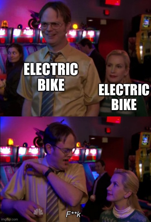 Electric Bike | ELECTRIC BIKE; ELECTRIC BIKE | image tagged in angela scared dwight | made w/ Imgflip meme maker