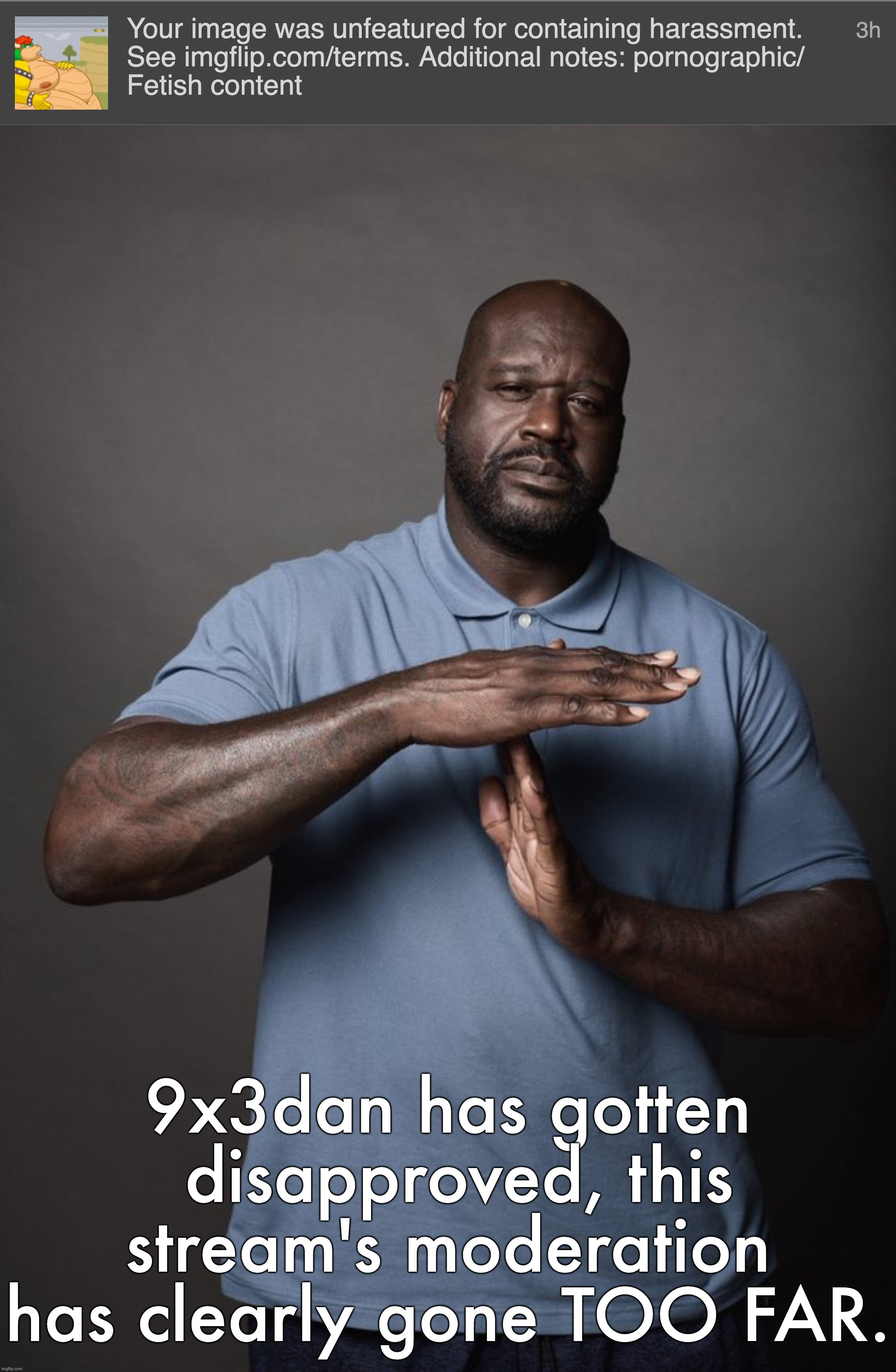 9x3dan has gotten  disapproved, this stream's moderation has clearly gone TOO FAR. | image tagged in shaq timeout | made w/ Imgflip meme maker
