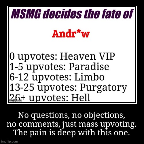No questions, no objections, no comments, just mass upvoting. The pain is deep with this one. | image tagged in funny,demotivationals | made w/ Imgflip demotivational maker