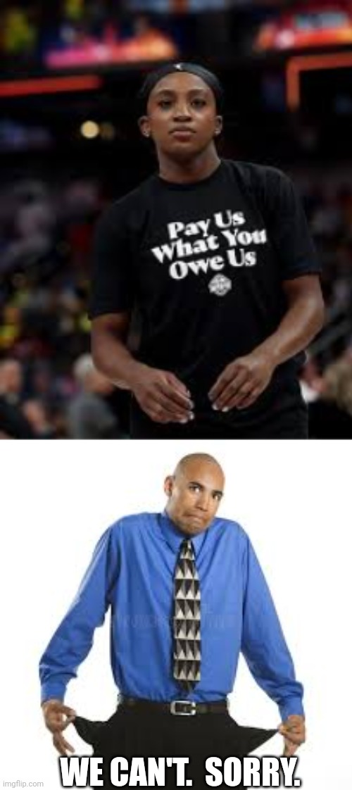Why you can't always get what you want | WE CAN'T.  SORRY. | image tagged in wnba,empty pockets,pay us what you owe us,respect,demanding,earning | made w/ Imgflip meme maker