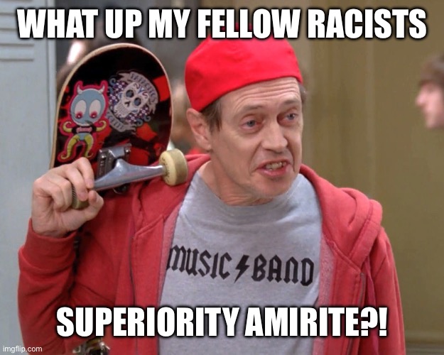 How do you do my fellow kids? (no text) | WHAT UP MY FELLOW RACISTS SUPERIORITY AMIRITE?! | image tagged in how do you do my fellow kids no text | made w/ Imgflip meme maker