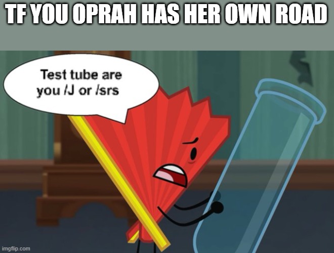 i want a road :( | TF YOU OPRAH HAS HER OWN ROAD | image tagged in test tube are you /j or /srs | made w/ Imgflip meme maker