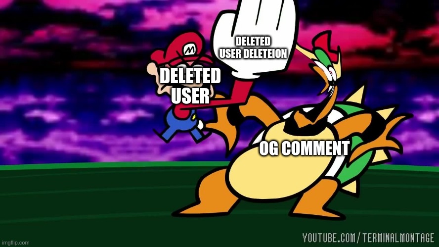 DELETED USER DELETEION DELETED USER OG COMMENT | image tagged in speedrunner mario slapping bowser | made w/ Imgflip meme maker