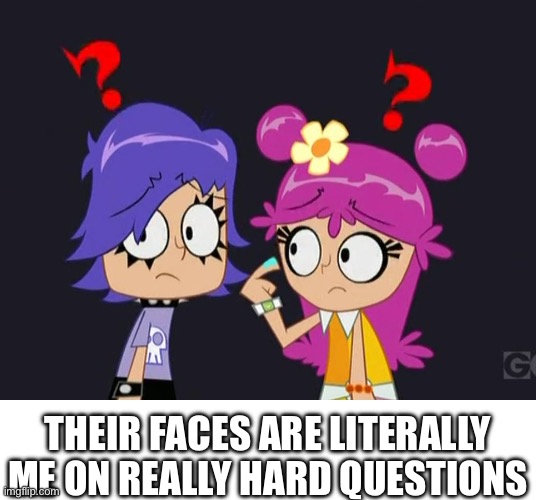 Does anyone else relate? | THEIR FACES ARE LITERALLY ME ON REALLY HARD QUESTIONS | image tagged in confused amiyumi,school,questions,school meme,homework | made w/ Imgflip meme maker