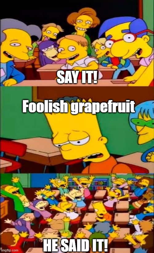When delinkqent said it | SAY IT! Foolish grapefruit; HE SAID IT! | image tagged in say the line bart simpsons | made w/ Imgflip meme maker