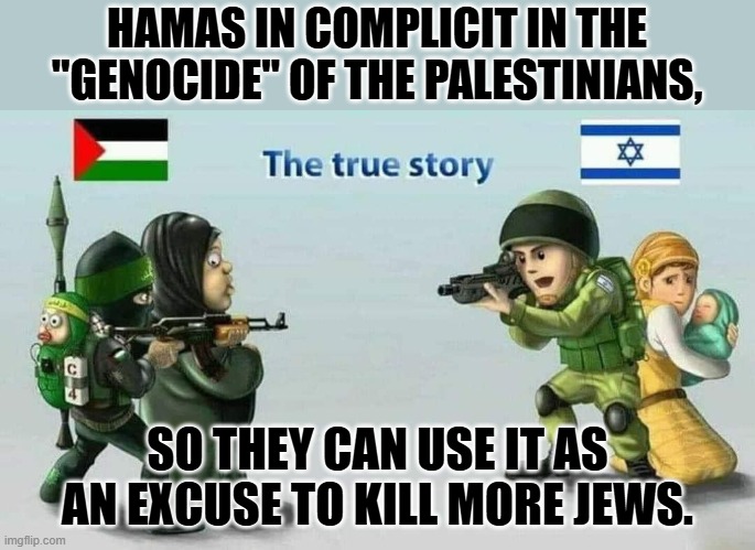 They are evil enough to want a second holocaust. | HAMAS IN COMPLICIT IN THE "GENOCIDE" OF THE PALESTINIANS, SO THEY CAN USE IT AS AN EXCUSE TO KILL MORE JEWS. | image tagged in israel vs hamas | made w/ Imgflip meme maker