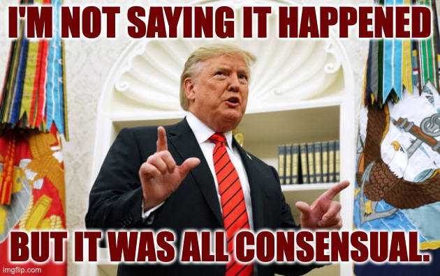 This one would look nice in the history books, assuming those are still a thing. | I'M NOT SAYING IT HAPPENED; BUT IT WAS ALL CONSENSUAL. | image tagged in memes,trump epstein,history | made w/ Imgflip meme maker