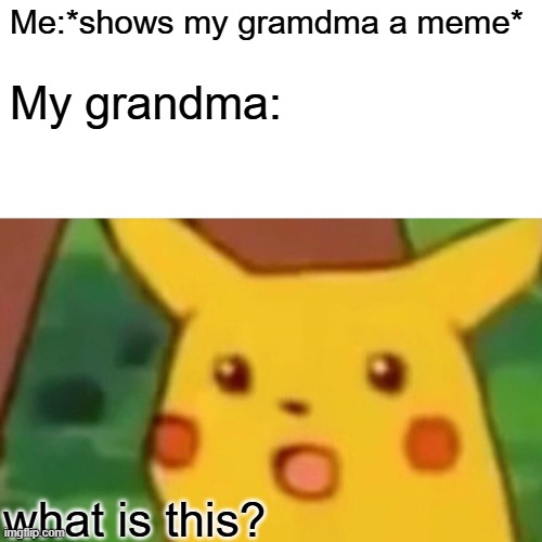 Me:*shows my gramdma a meme* My grandma: what is this? | image tagged in memes,surprised pikachu | made w/ Imgflip meme maker