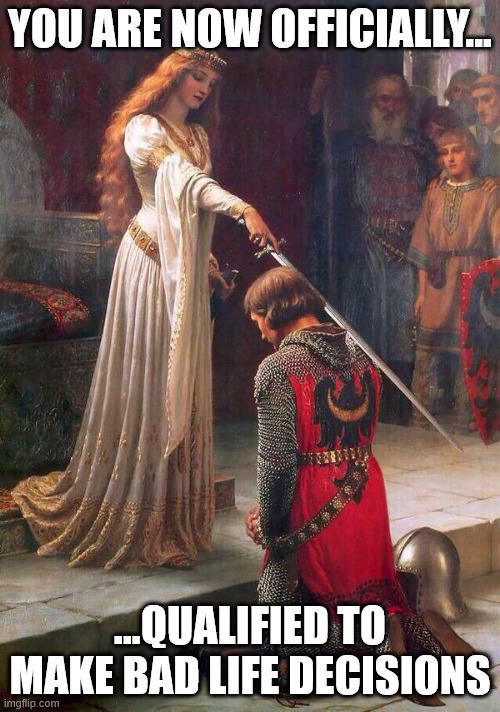 here we go | YOU ARE NOW OFFICIALLY... ...QUALIFIED TO MAKE BAD LIFE DECISIONS | image tagged in knighting,knightmare,knight,chaos | made w/ Imgflip meme maker