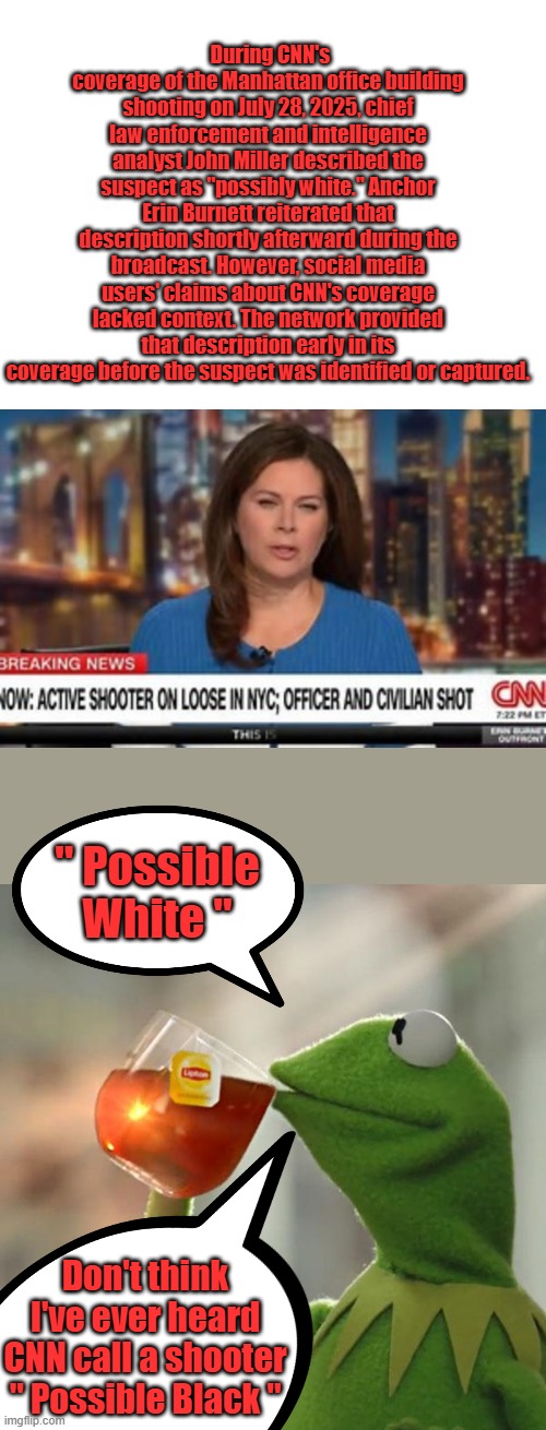 Now their resorting to " POSSIBILTYS " to stir hate and get violent reaction before truth comes out. They want riots & burning | During CNN's coverage of the Manhattan office building shooting on July 28, 2025, chief law enforcement and intelligence analyst John Miller described the suspect as "possibly white." Anchor Erin Burnett reiterated that description shortly afterward during the broadcast. However, social media users' claims about CNN's coverage lacked context. The network provided that description early in its coverage before the suspect was identified or captured. " Possible White "; Don't think I've ever heard CNN call a shooter " Possible Black " | image tagged in blank white template,memes,but that's none of my business | made w/ Imgflip meme maker