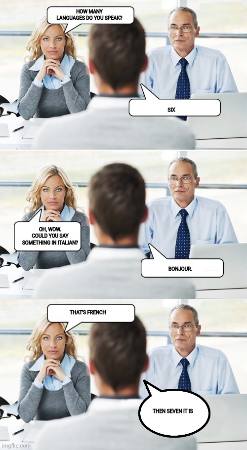 Be bold | HOW MANY LANGUAGES DO YOU SPEAK? SIX; OH, WOW. COULD YOU SAY SOMETHING IN ITALIAN? BONJOUR. THAT'S FRENCH; THEN SEVEN IT IS | image tagged in job interview | made w/ Imgflip meme maker