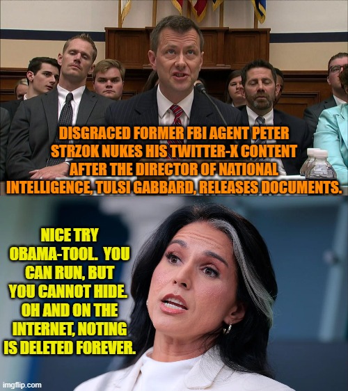 Run leftist tools of corrupt Barack Obama . . . run! | DISGRACED FORMER FBI AGENT PETER STRZOK NUKES HIS TWITTER-X CONTENT AFTER THE DIRECTOR OF NATIONAL INTELLIGENCE, TULSI GABBARD, RELEASES DOCUMENTS. NICE TRY OBAMA-TOOL.  YOU CAN RUN, BUT YOU CANNOT HIDE.  OH AND ON THE INTERNET, NOTING IS DELETED FOREVER. | image tagged in yep | made w/ Imgflip meme maker