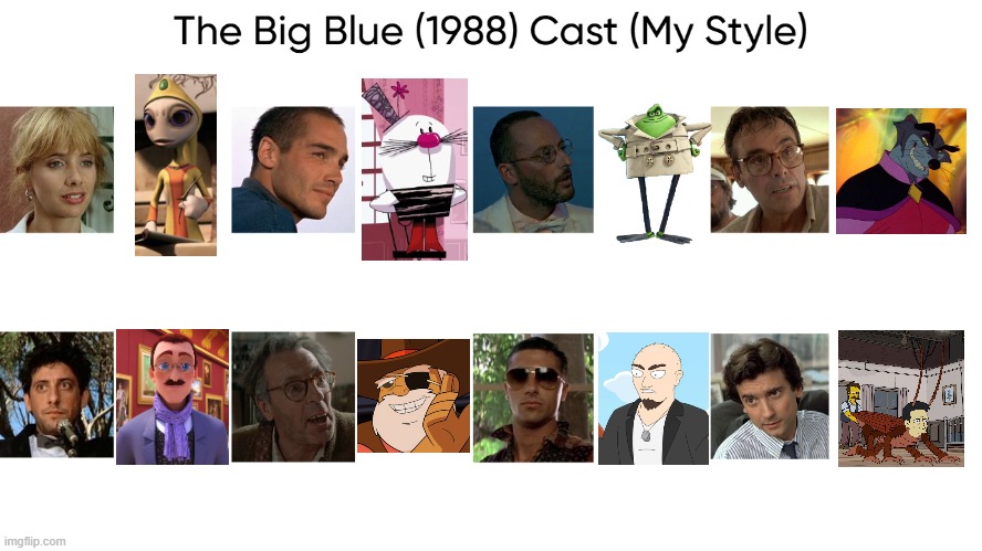 The Big Blue (1988) Cast (My Style) | image tagged in the big blue 1988 cast my style,meme,memes,spoof cast,the big blue,characters | made w/ Imgflip meme maker
