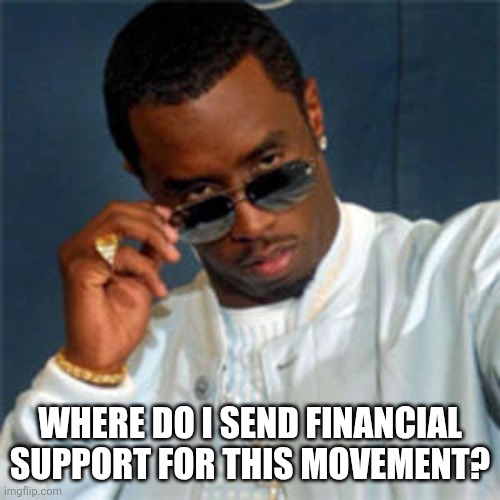 P diddy | WHERE DO I SEND FINANCIAL SUPPORT FOR THIS MOVEMENT? | image tagged in p diddy | made w/ Imgflip meme maker