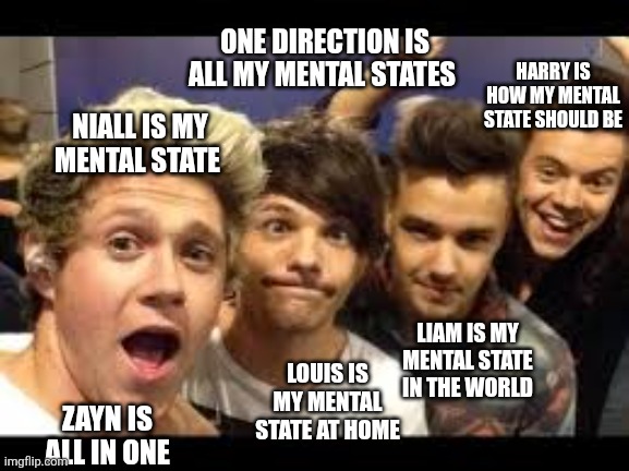 All in one mental states | ONE DIRECTION IS ALL MY MENTAL STATES; HARRY IS HOW MY MENTAL STATE SHOULD BE; NIALL IS MY MENTAL STATE; LIAM IS MY MENTAL STATE IN THE WORLD; LOUIS IS MY MENTAL STATE AT HOME; ZAYN IS ALL IN ONE | image tagged in louis' face is my mental state | made w/ Imgflip meme maker