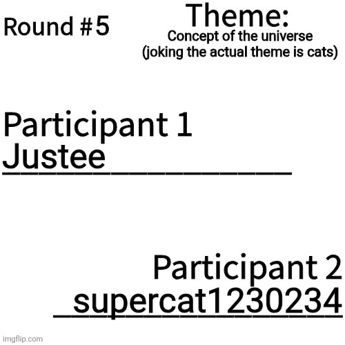 Art tournament | 5; Concept of the universe (joking the actual theme is cats); Justee; supercat1230234 | image tagged in art tournament | made w/ Imgflip meme maker