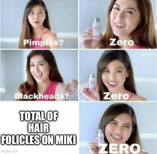 Pimples, Zero! | TOTAL OF HAIR FOLLICLES ON MIKI | image tagged in pimples zero | made w/ Imgflip meme maker