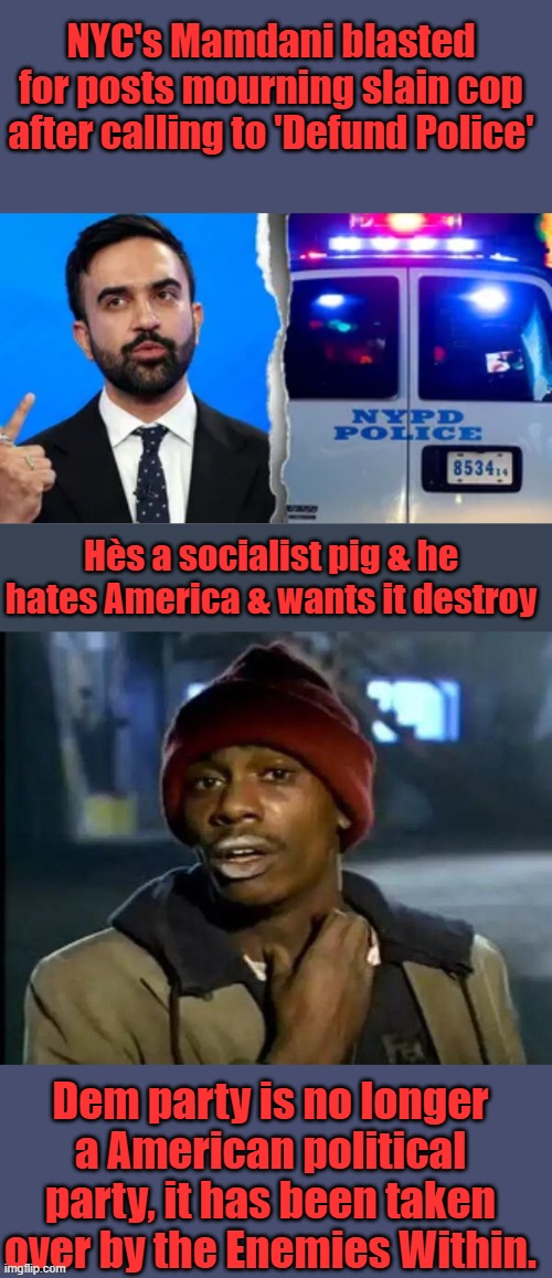 NYC's Mamdani blasted for posts mourning slain cop after calling to 'Defund Police'; Hès a socialist pig & he hates America & wants it destroy; Dem party is no longer a American political party, it has been taken over by the Enemies Within. | image tagged in memes,y'all got any more of that | made w/ Imgflip meme maker