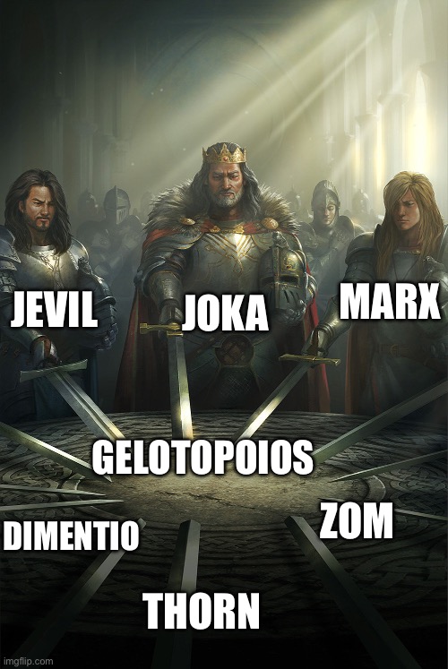 CHAOS, CHAOS! | JOKA; JEVIL; MARX; GELOTOPOIOS; DIMENTIO; ZOM; THORN | image tagged in swords united | made w/ Imgflip meme maker