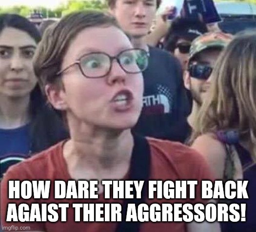 Angry Liberal | HOW DARE THEY FIGHT BACK AGAIST THEIR AGGRESSORS! | image tagged in angry liberal | made w/ Imgflip meme maker