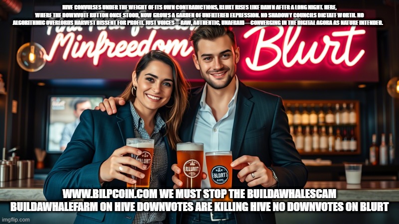 HIVE CONVULSES UNDER THE WEIGHT OF ITS OWN CONTRADICTIONS, BLURT RISES LIKE DAWN AFTER A LONG NIGHT. HERE, WHERE THE DOWNVOTE BUTTON ONCE STOOD, NOW GROWS A GARDEN OF UNFILTERED EXPRESSION. NO SHADOWY COUNCILS DICTATE WORTH. NO ALGORITHMIC OVERLORDS HARVEST DISSENT FOR PROFIT. JUST VOICES—RAW, AUTHENTIC, UNAFRAID—CONVERGING IN THE DIGITAL AGORA AS NATURE INTENDED. WWW.BILPCOIN.COM WE MUST STOP THE BUILDAWHALESCAM BUILDAWHALEFARM ON HIVE DOWNVOTES ARE KILLING HIVE NO DOWNVOTES ON BLURT | made w/ Imgflip meme maker