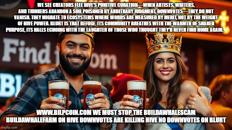 WE SEE CREATORS FLEE HIVE’S PUNITIVE CURATION—WHEN ARTISTS, WRITERS, AND THINKERS ABANDON A SOIL POISONED BY ARBITRARY JUDGMENT, DOWNVOTES—THEY DO NOT VANISH. THEY MIGRATE TO ECOSYSTEMS WHERE WORDS ARE MEASURED BY MERIT, NOT BY THE WEIGHT OF HIVE POWER. BLURT IS THAT REFUGE. ITS COMMUNITY BREATHES WITH THE WARMTH OF SHARED PURPOSE, ITS HALLS ECHOING WITH THE LAUGHTER OF THOSE WHO THOUGHT THEY’D NEVER FIND HOME AGAIN. WWW.BILPCOIN.COM WE MUST STOP THE BUILDAWHALESCAM BUILDAWHALEFARM ON HIVE DOWNVOTES ARE KILLING HIVE NO DOWNVOTES ON BLURT | made w/ Imgflip meme maker