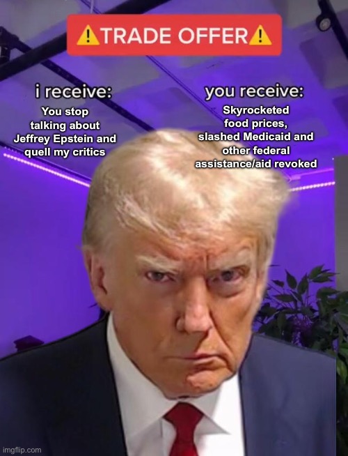 The art of the deal!! | Skyrocketed food prices, slashed Medicaid and other federal assistance/aid revoked; You stop talking about Jeffrey Epstein and quell my critics | image tagged in trade offer,maga,trump,jeffrey epstein,pedophile,epstein | made w/ Imgflip meme maker