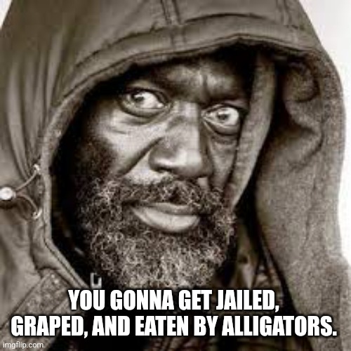 Raped | YOU GONNA GET JAILED,  GRAPED, AND EATEN BY ALLIGATORS. | image tagged in raped | made w/ Imgflip meme maker