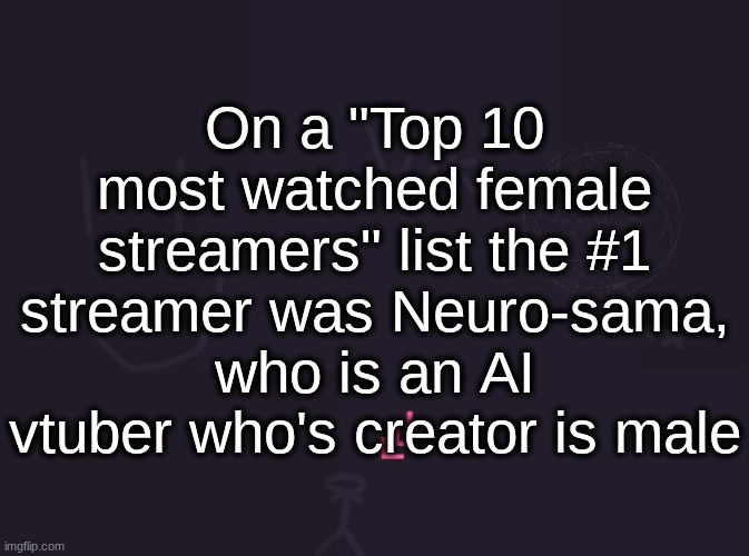 its not an actual person | On a "Top 10 most watched female streamers" list the #1 streamer was Neuro-sama, who is an AI vtuber who's creator is male | image tagged in vik's image | made w/ Imgflip meme maker