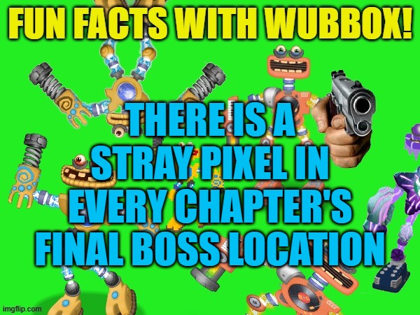Fun Facts With Wubbox! | THERE IS A STRAY PIXEL IN EVERY CHAPTER'S FINAL BOSS LOCATION | image tagged in fun facts with wubbox | made w/ Imgflip meme maker