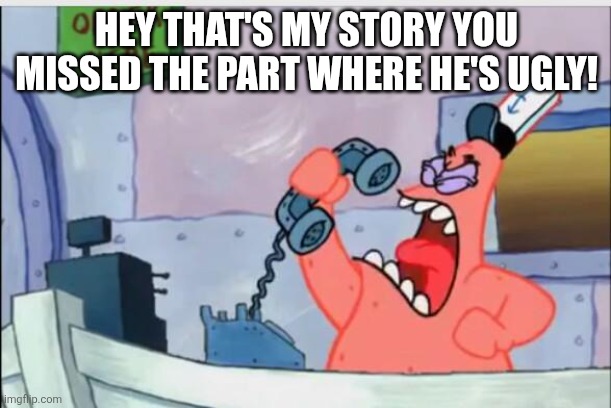 NO THIS IS PATRICK | HEY THAT'S MY STORY YOU MISSED THE PART WHERE HE'S UGLY! | image tagged in no this is patrick | made w/ Imgflip meme maker