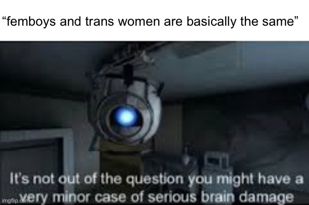 i made a thing | “femboys and trans women are basically the same” | image tagged in wheatley serious braindamage,femboy,transgender | made w/ Imgflip meme maker