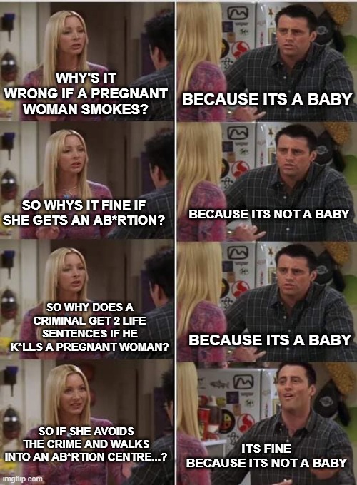 Phoebe Joey | WHY'S IT WRONG IF A PREGNANT WOMAN SMOKES? BECAUSE ITS A BABY; SO WHYS IT FINE IF SHE GETS AN AB*RTION? BECAUSE ITS NOT A BABY; SO WHY DOES A CRIMINAL GET 2 LIFE SENTENCES IF HE K*LLS A PREGNANT WOMAN? BECAUSE ITS A BABY; SO IF SHE AVOIDS THE CRIME AND WALKS INTO AN AB*RTION CENTRE...? ITS FINE BECAUSE ITS NOT A BABY | image tagged in phoebe joey | made w/ Imgflip meme maker