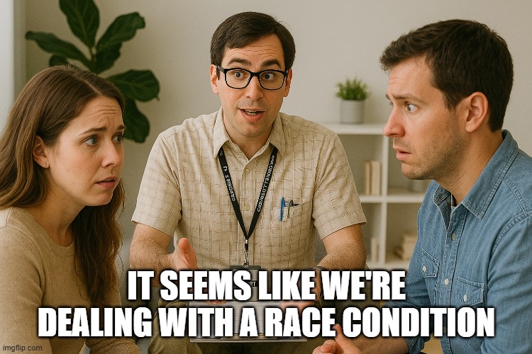IT Marriage Counselor | IT SEEMS LIKE WE'RE DEALING WITH A RACE CONDITION | image tagged in funny,memes,tech,relationships | made w/ Imgflip meme maker