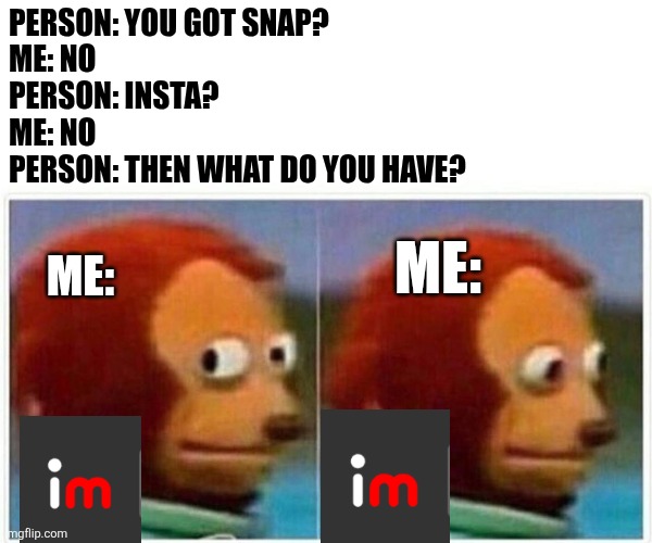 Social media be scry | PERSON: YOU GOT SNAP?
ME: NO
PERSON: INSTA?
ME: NO
PERSON: THEN WHAT DO YOU HAVE? ME:; ME: | image tagged in memes,monkey puppet | made w/ Imgflip meme maker