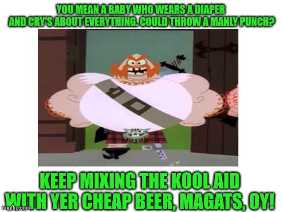 Blank White Template | YOU MEAN A BABY WHO WEARS A DIAPER 
AND CRY'S ABOUT EVERYTHING. COULD THROW A MANLY PUNCH? KEEP MIXING THE KOOL AID WITH YER CHEAP BEER, MAG | image tagged in blank white template | made w/ Imgflip meme maker