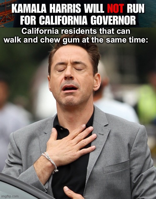 Dodged a dumb bullet | California residents that can walk and chew gum at the same time: | image tagged in relieved rdj,politics lol,kamala harris,memes | made w/ Imgflip meme maker