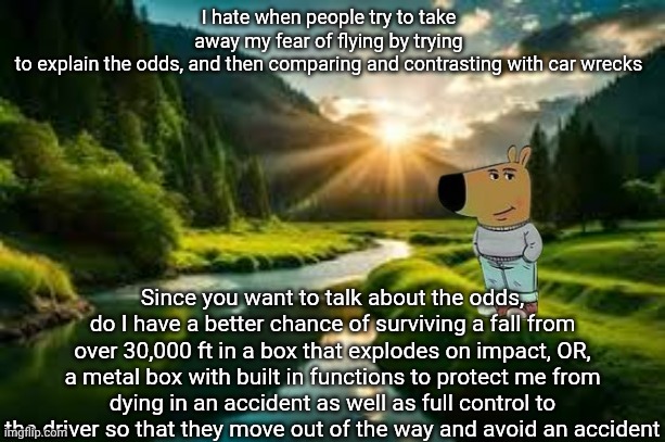 chill guy | I hate when people try to take away my fear of flying by trying to explain the odds, and then comparing and contrasting with car wrecks; Since you want to talk about the odds, do I have a better chance of surviving a fall from over 30,000 ft in a box that explodes on impact, OR, a metal box with built in functions to protect me from dying in an accident as well as full control to the driver so that they move out of the way and avoid an accident | image tagged in chill guy | made w/ Imgflip meme maker
