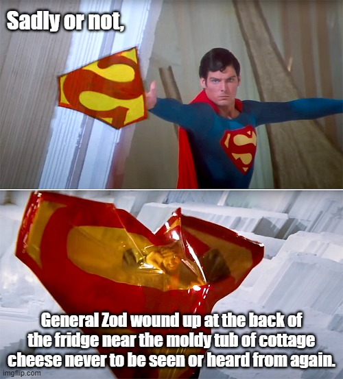Sadly, General Zod wound up at the back of the fridge near the moldy tub of cottage cheese never to be seen or heard from again. | Sadly or not, General Zod wound up at the back of the fridge near the moldy tub of cottage cheese never to be seen or heard from again. | image tagged in memes,funny memes,funny,superman,general zod,movies | made w/ Imgflip meme maker