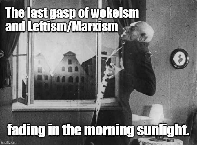 The last gasp of wokeism, Leftism, and cultural Marxism fading in the morning sunlight like Nosferatu the vampire. | The last gasp of wokeism
and Leftism/Marxism; fading in the morning sunlight. | image tagged in memes,political meme,politics,woke,leftists,cultural marxism | made w/ Imgflip meme maker
