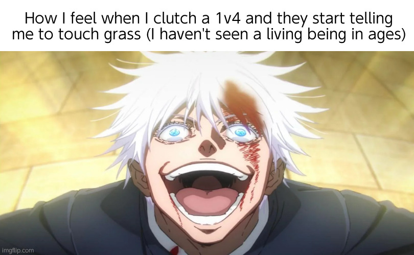 Real | How I feel when I clutch a 1v4 and they start telling me to touch grass (I haven't seen a living being in ages) | image tagged in gojo insane | made w/ Imgflip meme maker