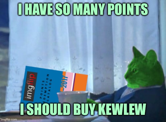 RayCat redeeming points | I HAVE SO MANY POINTS; I SHOULD BUY KEWLEW | image tagged in raycat redeeming points | made w/ Imgflip meme maker